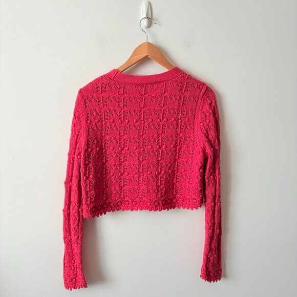 Zara Rhinestone Pointelle Knit Cropped Cardigan Sweater Fushia Pink Size Small - Picture 5 of 8